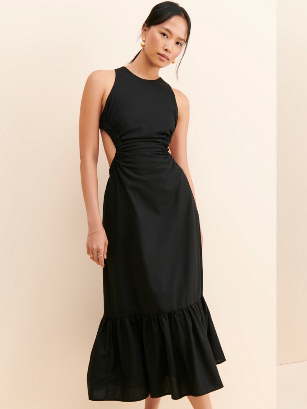Astr The Label Black Cutout Midi Dress with Ruffle Hem